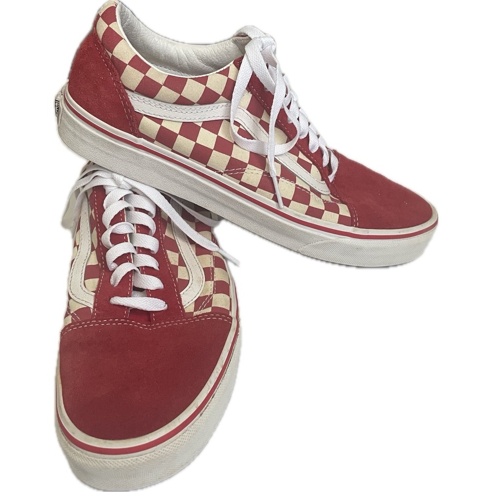 Vans Old Skool Checkerboard Mens 10 Women's 11.5 Red Leather Sneakers Low EUC